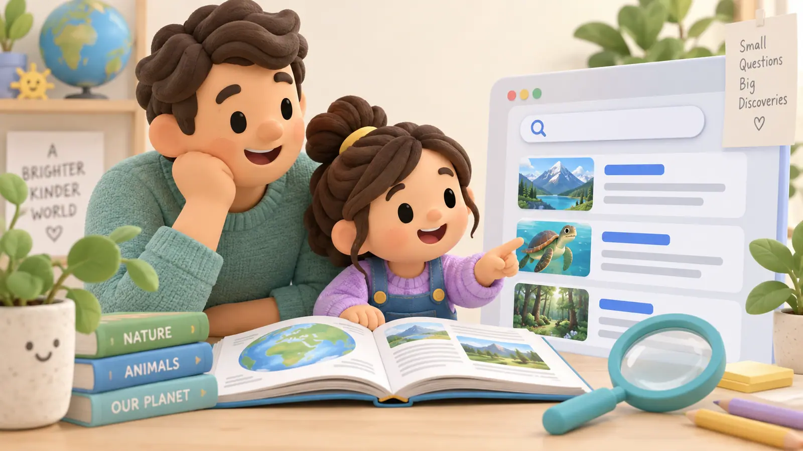 A parent and child explore an abstract search-results screen alongside an open reference book and magnifying glass.