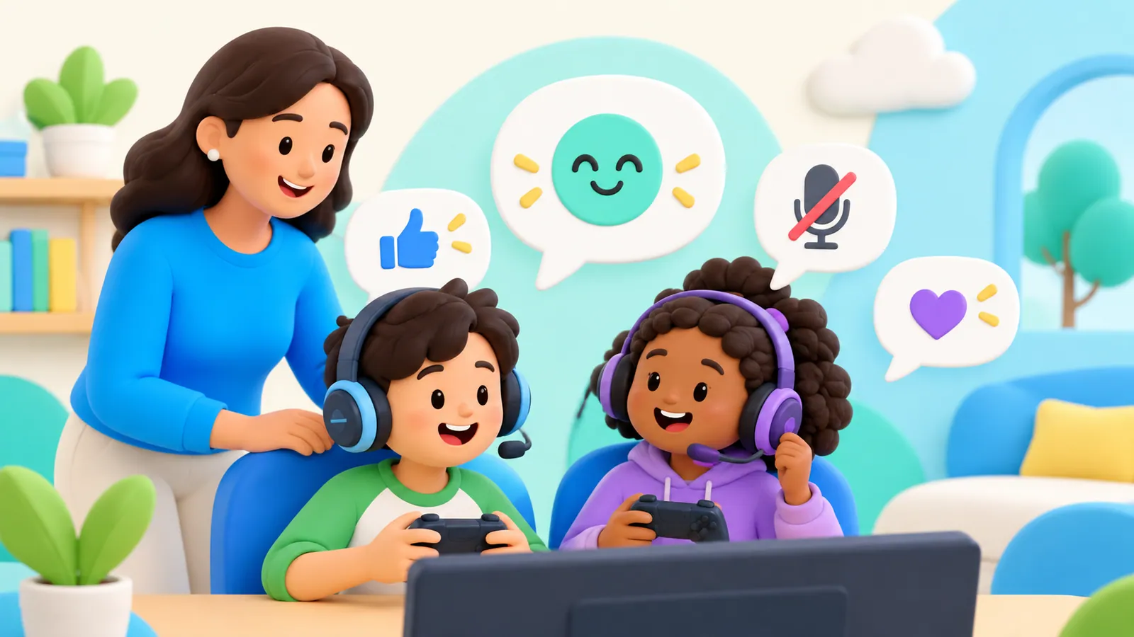 Family illustration: Online Game Chat: Rules Kids Can Use in the Moment