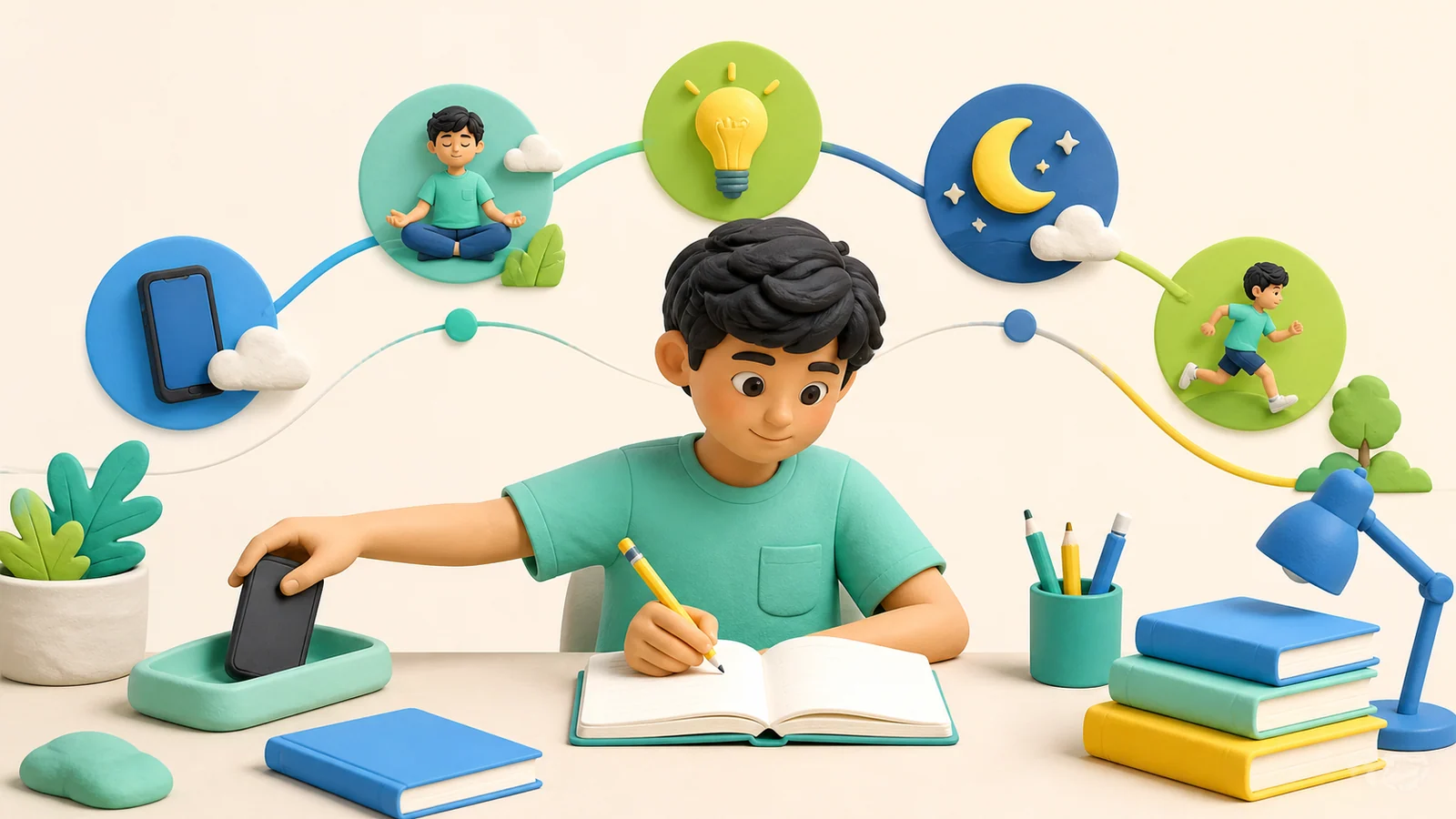 Student placing a phone aside to focus on homework