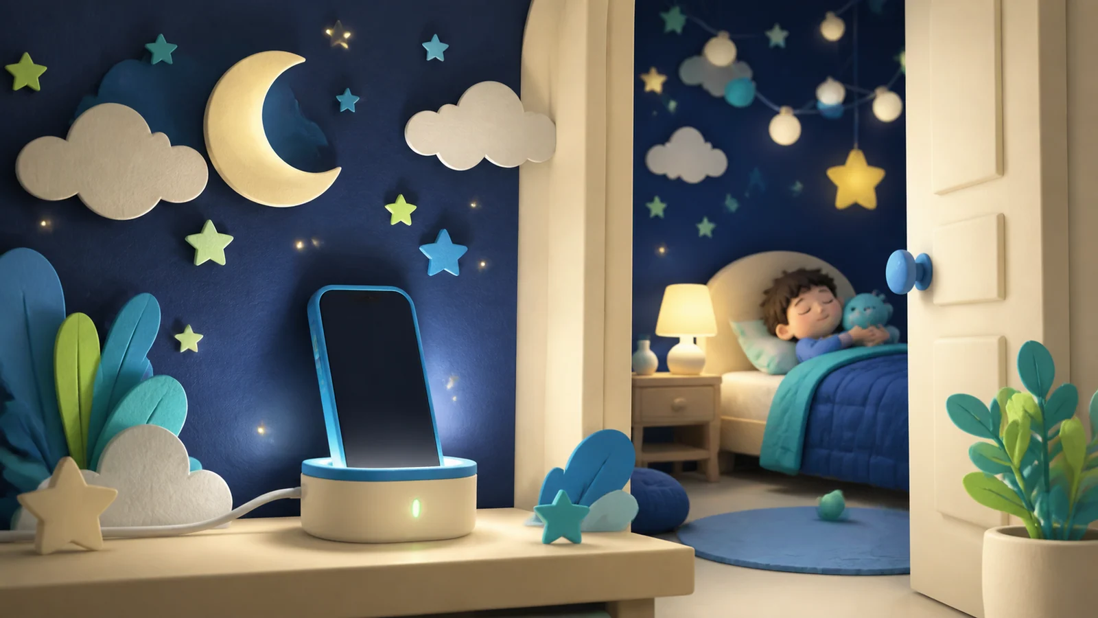 Child's phone charging outside a calm dark bedroom