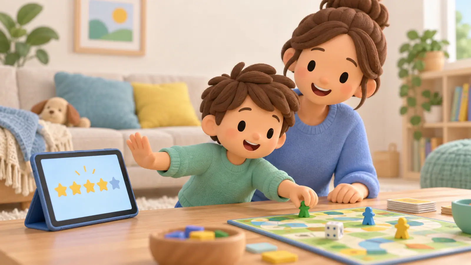 A child and parent choose to step away from a tablet displaying a row of daily reward stars, moving toward a board game.