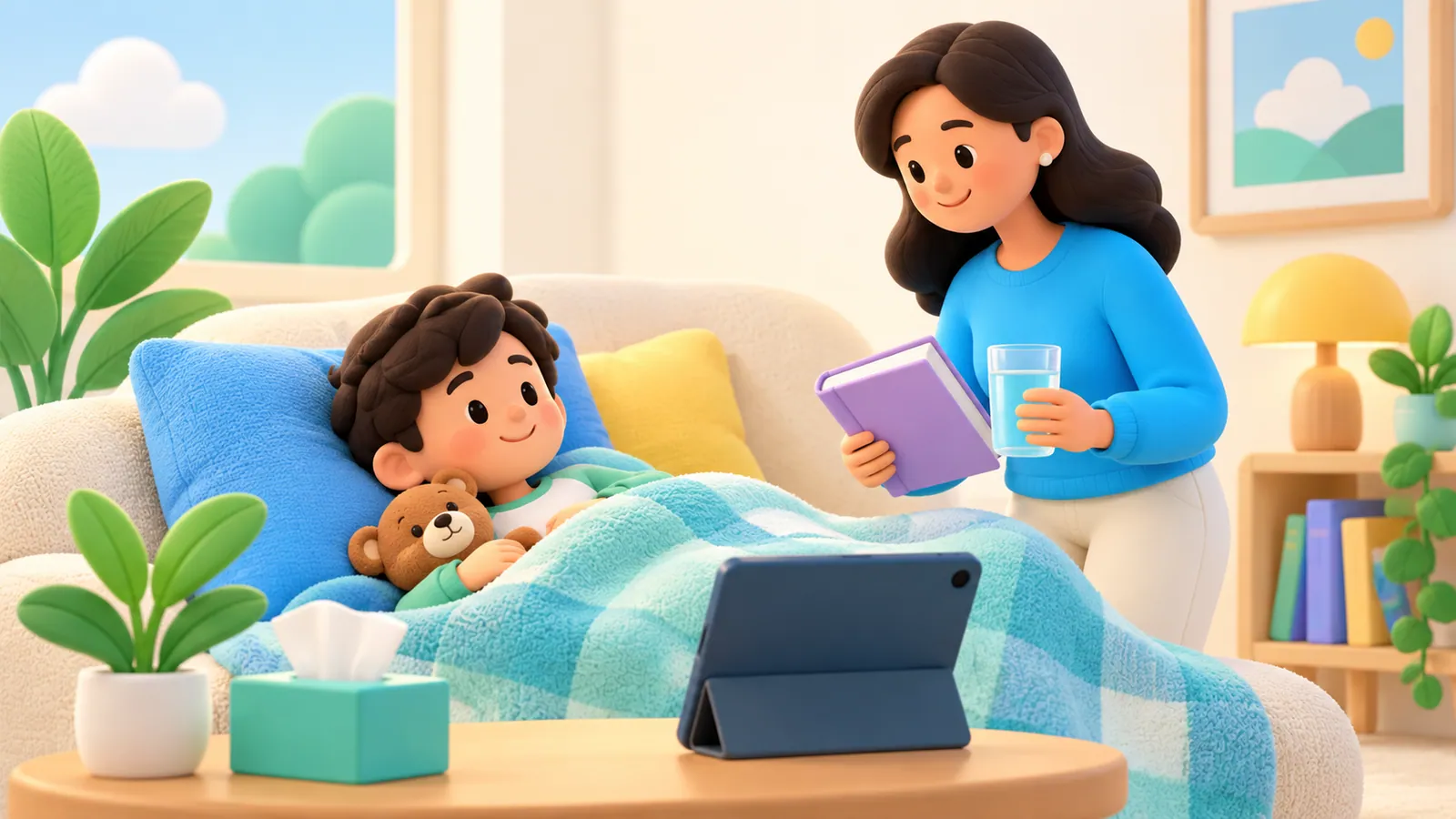 Family illustration: Screen Time on Sick Days: A Flexible Family Plan