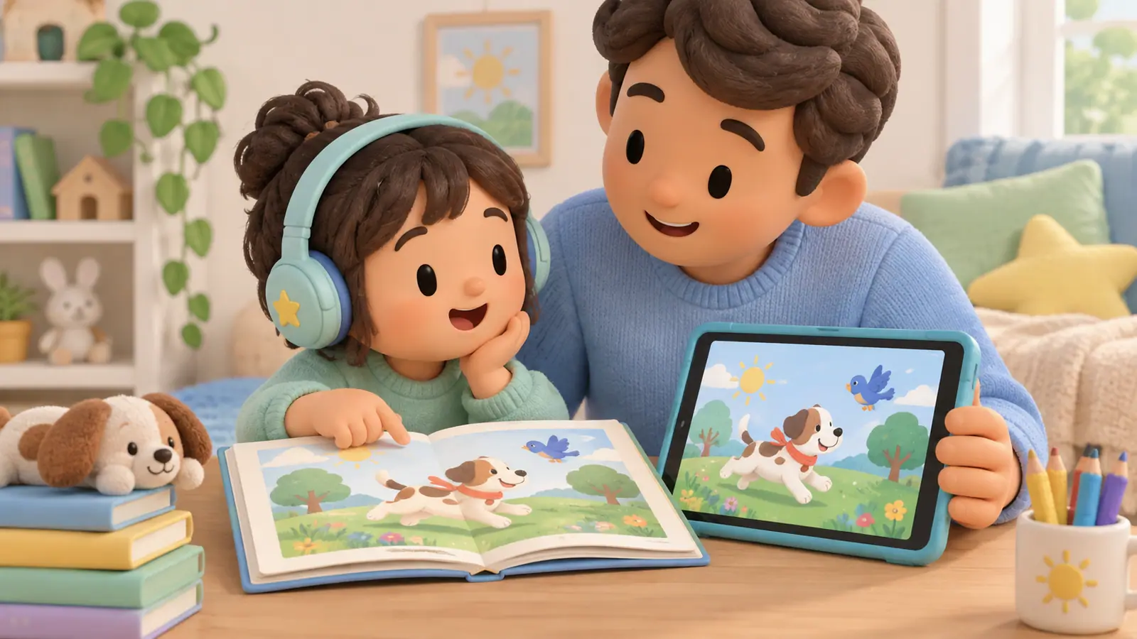 A child with headphones and a parent compare an open paper book and a tablet with the same simple story illustration.