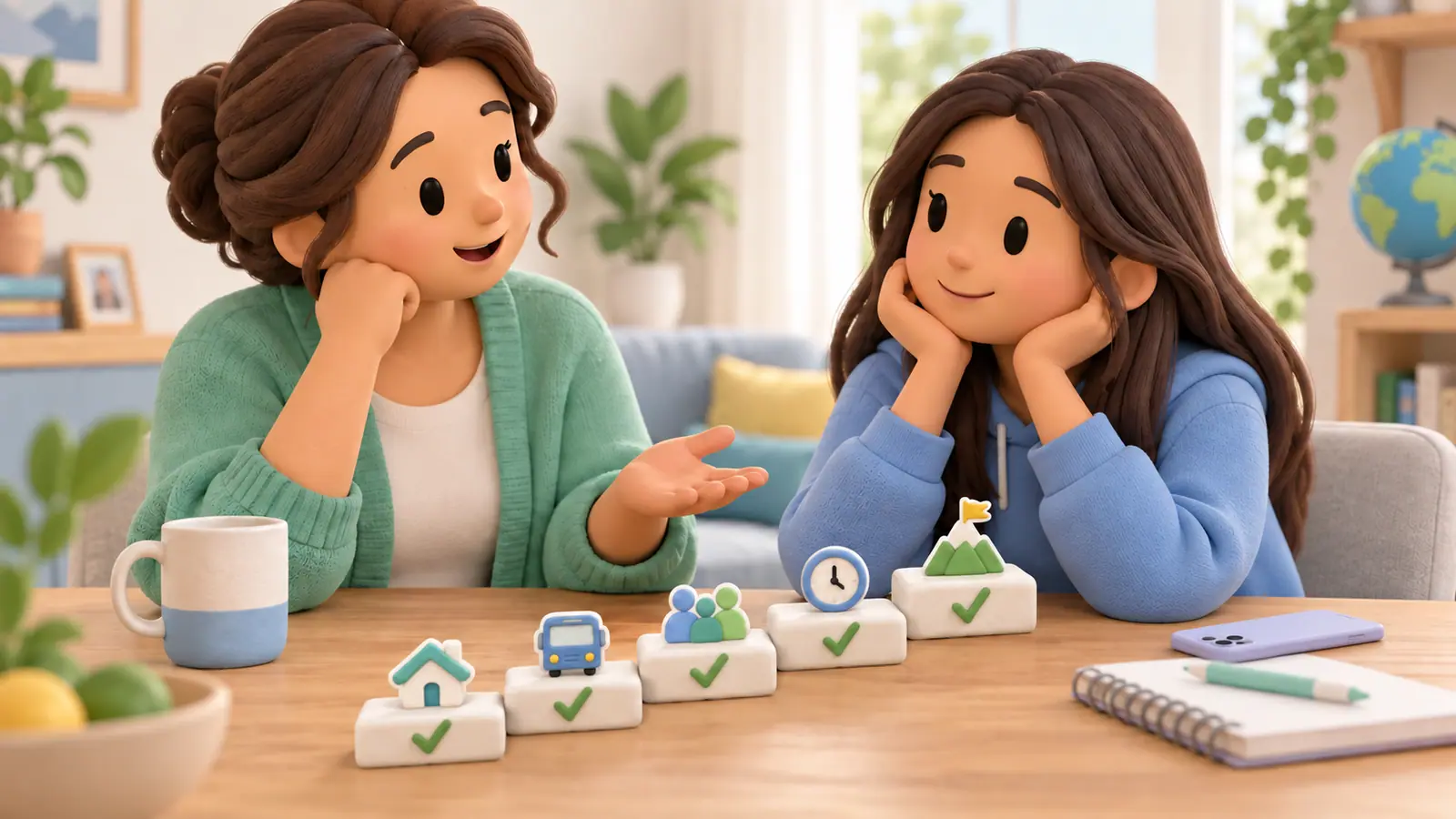 A parent and teenage daughter discuss gradually greater independence, smartphone and stepping-stone style checkmark cards on table.