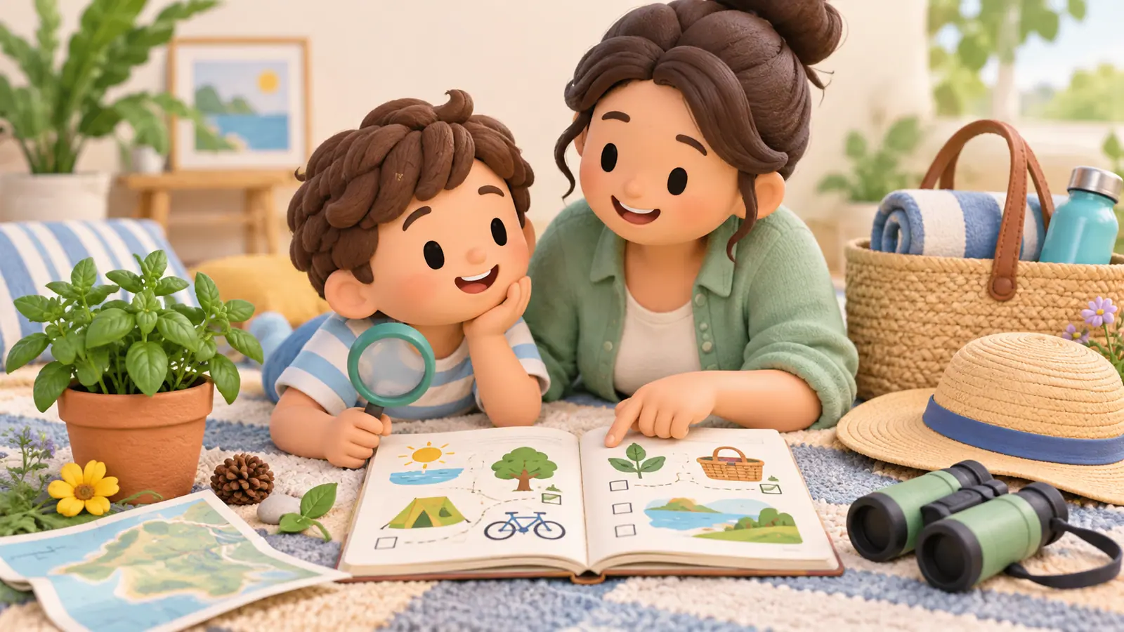 A child and parent plan relaxed summer activities with a book, magnifying glass, plant pot and outdoor picnic bag.