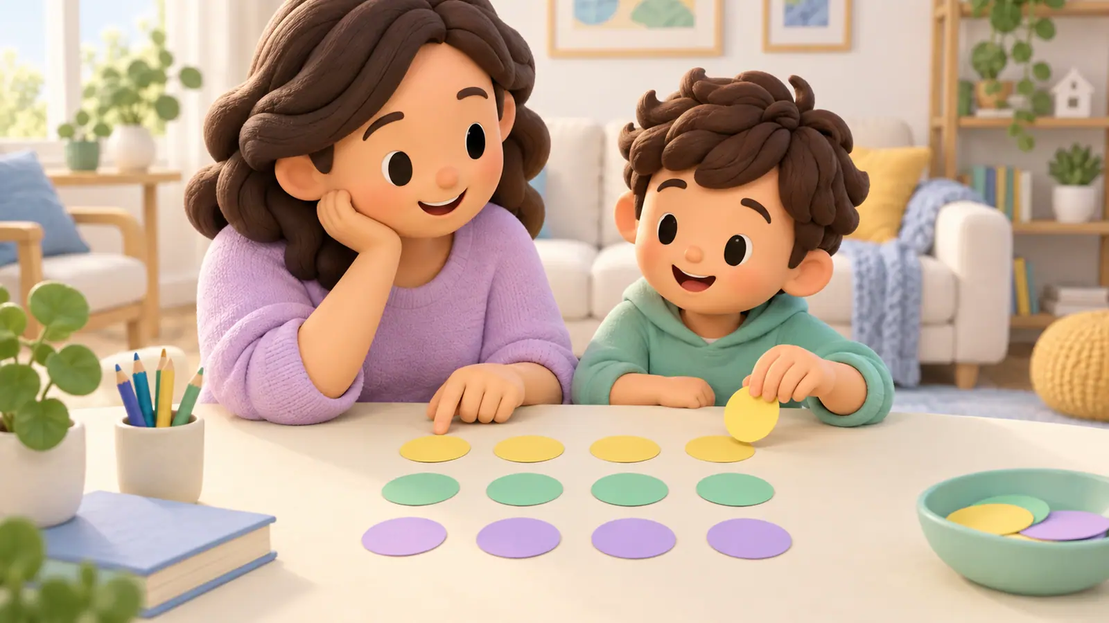 A mother and boy arrange twelve colorful paper dots in three rows of four on a table.