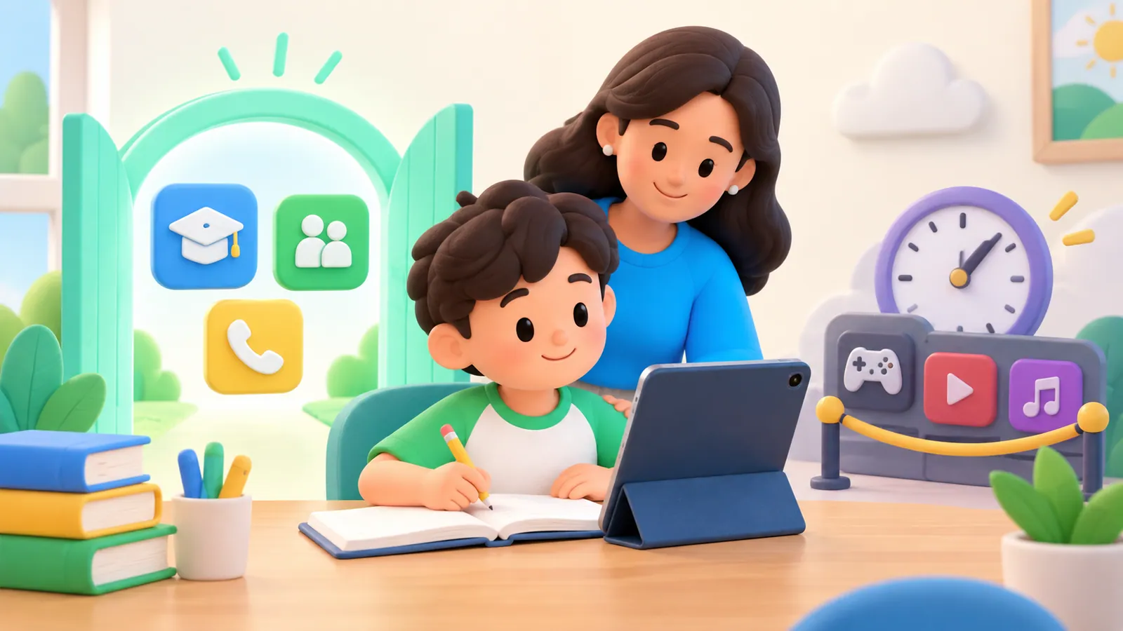 Family illustration: Keeping School Apps and Family Contacts Available During Screen Limits