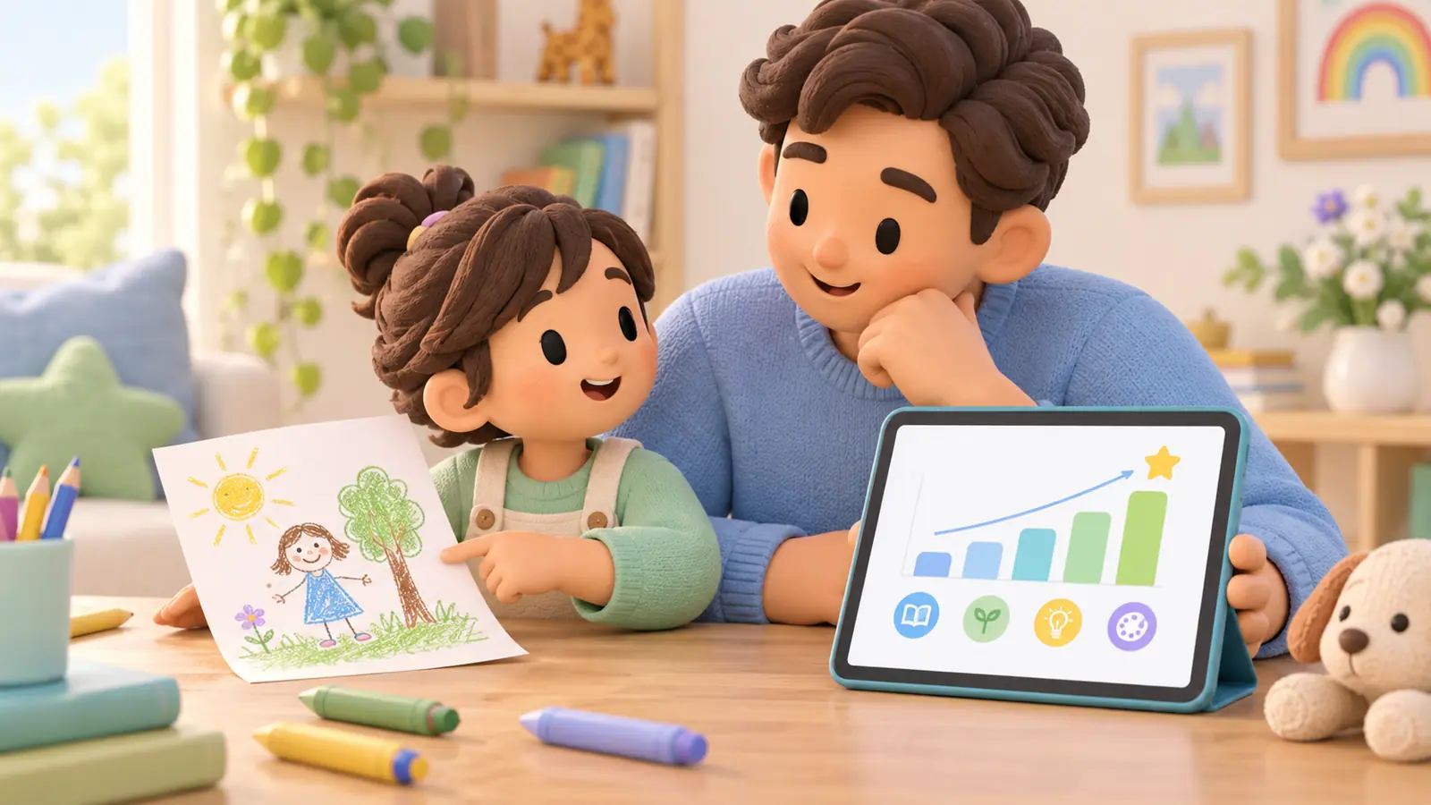 A parent and child compare an abstract tablet progress chart with an actual paper drawing, thoughtfully discussing learning.