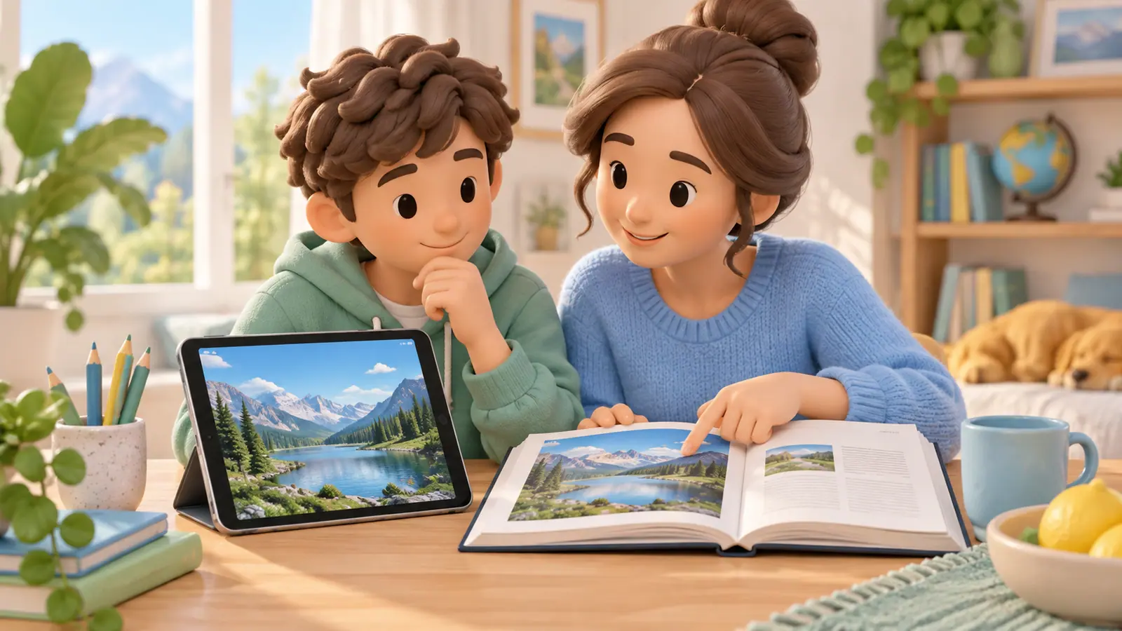A teenager and parent compare two versions of a landscape picture on a tablet and reference book, calmly checking origins.