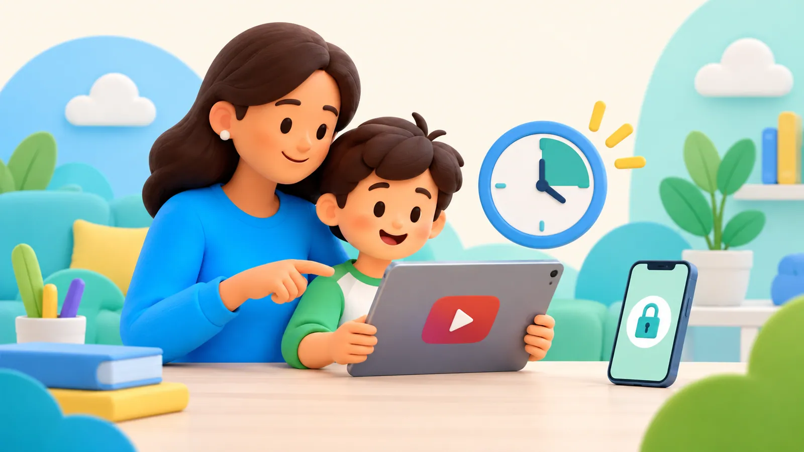 Family illustration: YouTube Screen Time Limits for Kids on iPhone and iPad