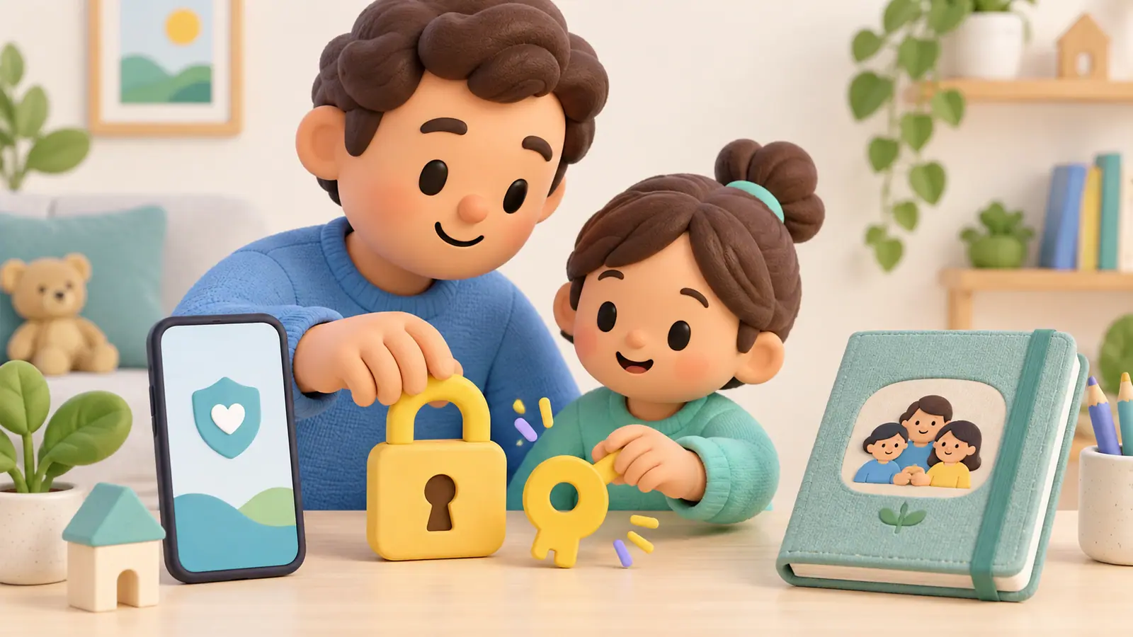 A parent and child arrange lock and key icons beside a smartphone and a closed family notebook, no visible passwords.
